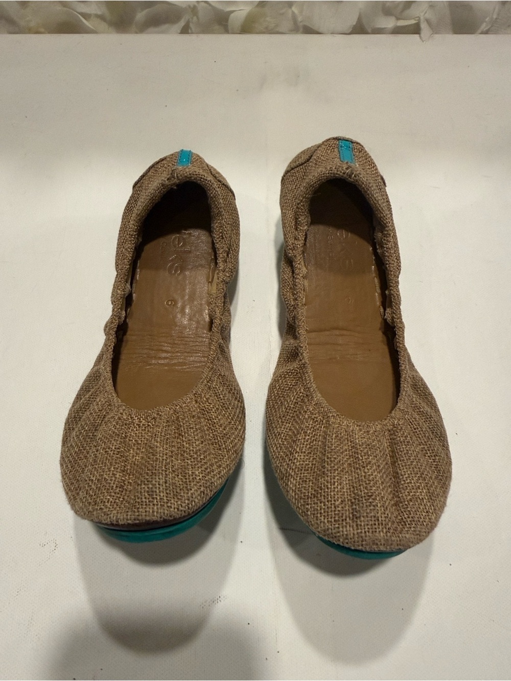 Tieks Brown Burlap Ballet Flats with Teal Accents